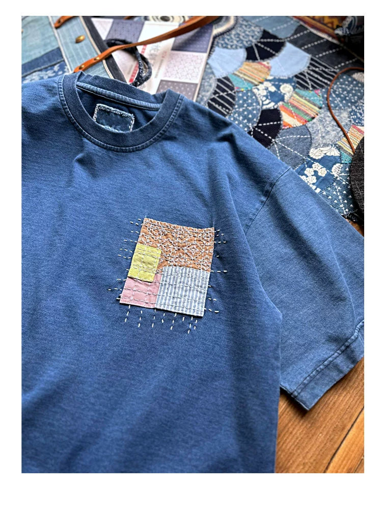 Japanese men's indigo dyed hand-embroidered patch loose short sleeve T-shirt men's summer crewneck T-shirt for men and women