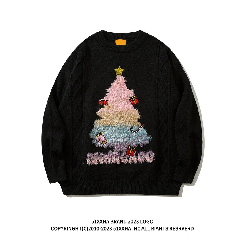 American style fun Christmas tree red sweater men and women autumn and winter design round neck couple sweater