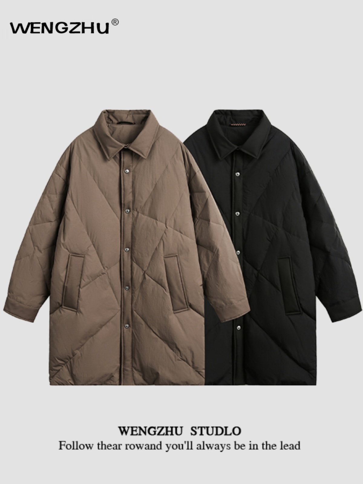 "Designer Brand" Unisex Diamond Plaid Lapel Down Jacket Mid-length Jacket Trendy