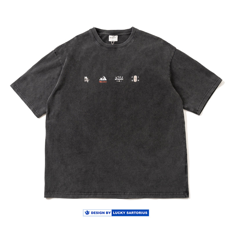 Japanese  Cotton Indigo washed turtleneck print Short Sleeve T-Shirt