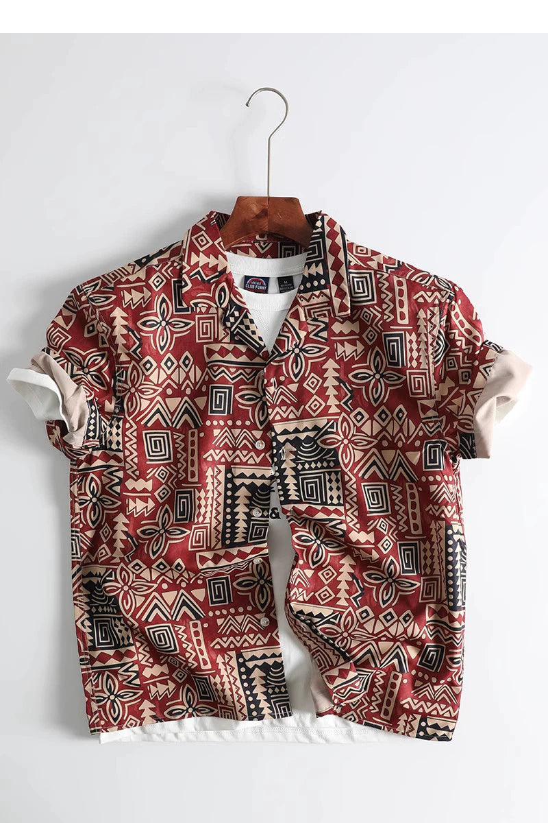 Vintage pattern Hawaiian Cuban collar beach short sleeve shirt