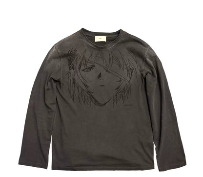 Anime Girl Print Distressed Long Sleeve T-Shirt – Japanese Illustration Loose Unisex