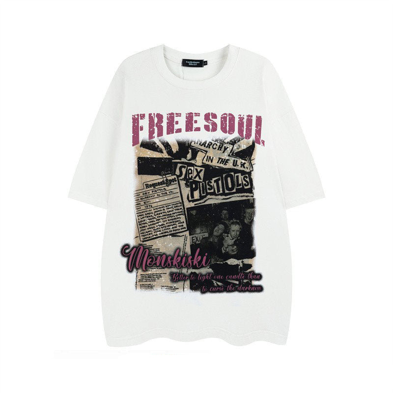 Old Newspaper Band Print Short Sleeve T-Shirt – Loose Unisex High Street – Japanese vintage | yamalin clothes | Yamalinclothes