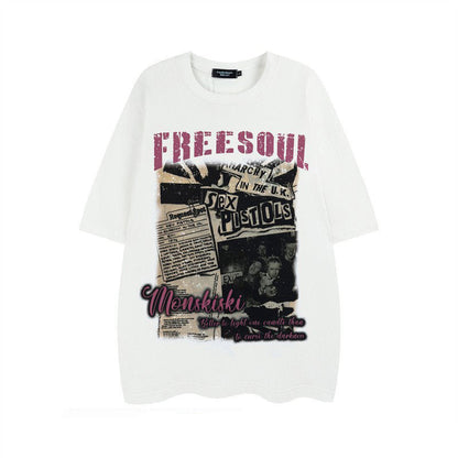 Old Newspaper Band Print Short Sleeve T-Shirt – Loose Unisex High Street – Japanese vintage | yamalin clothes | Yamalinclothes