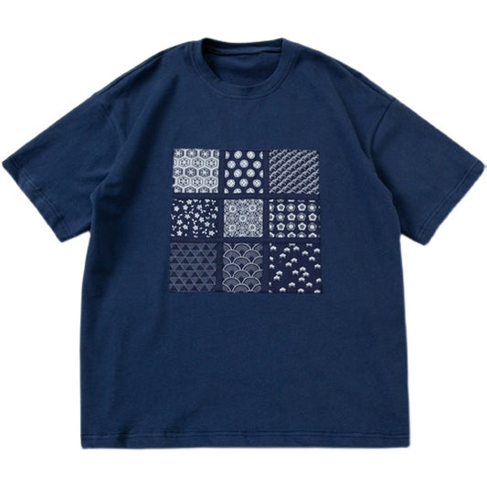 All cotton ethnic blue printed fabric nine-square check sticker printed T-shirt