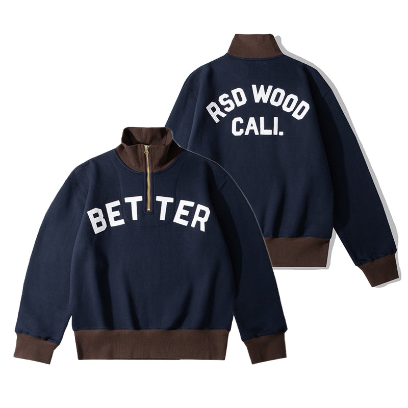 Vintage American Cotton Sweatshirt - Semi Zip Turtleneck with Letter Embroidery & Color Blocking