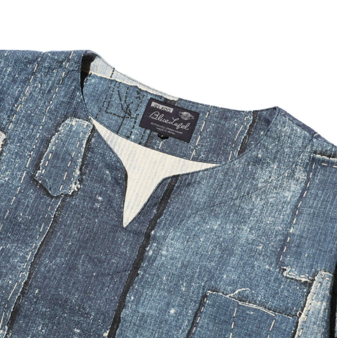 24AW Japanese retro men's and women's printed denim stitching destroyed collarless loose pullover long-sleeved shirt
