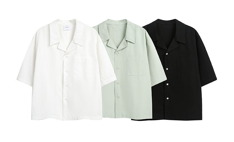 Korean version solid color Cuban collar short sleeve shirt men's summer cleanfit cropped non-iron ice silk shirt