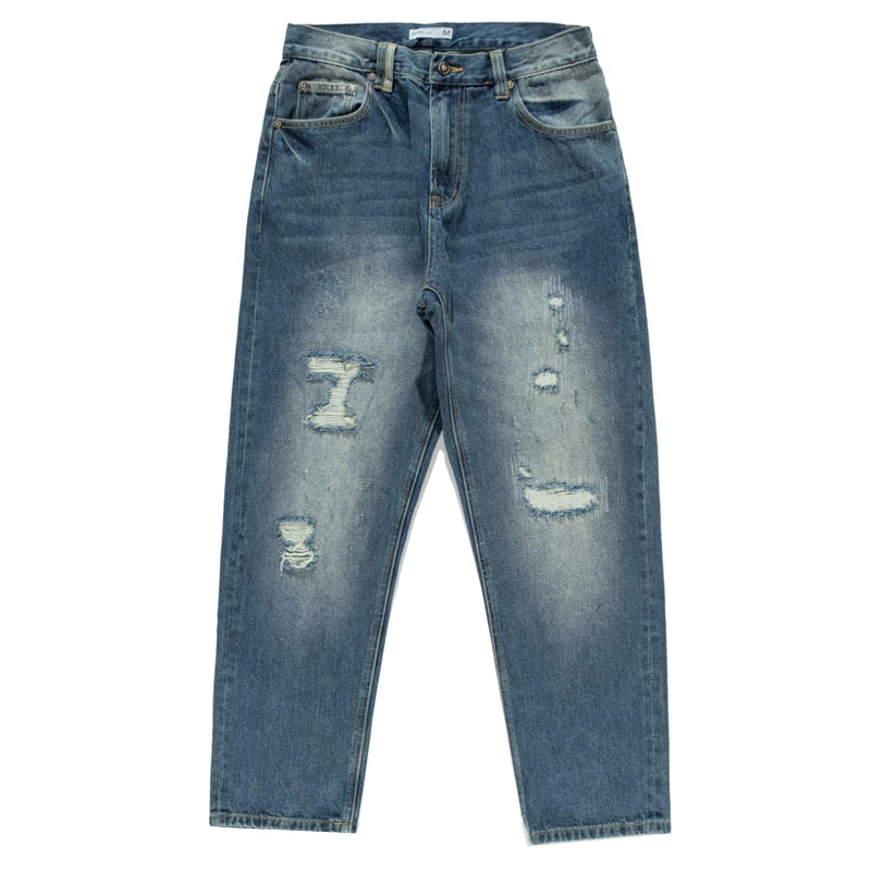 Spring/Summer New Men's Selvedge Bare-Eared Jeans Young Men's Slim Fit Ripped Wash Denim Trousers