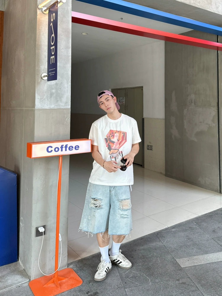 Japanese casual cotton fun print loose round collar short sleeve T-shirt