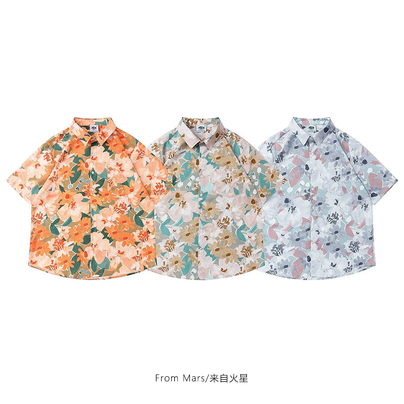 Oil painting art sense retro casual lazy Hawaiian style short-sleeved shirt