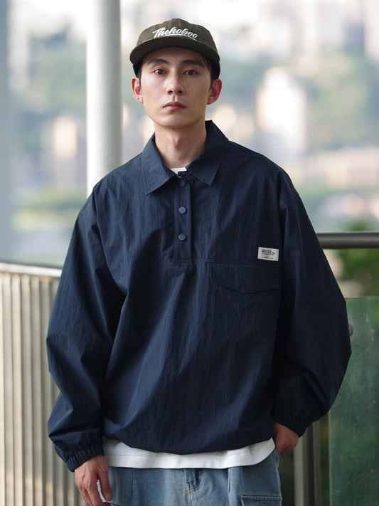 function simple drop shoulder pocket design long sleeve shirt men's and women's Japanese loose retro POLO top