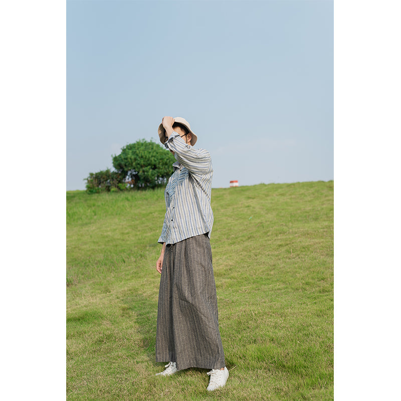 casual pants men's loose striped trousers cotton and linen Chinese style large size skirt pants Japanese retro art trend