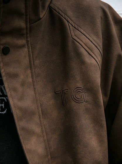 Letter Embroidery Stand-Collar Moto Jacket – American Retro Oversized Unisex