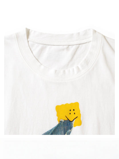 26SS Japanese Artisan Cotton Denim Smiley Face Print Loose Crew Neck Short Sleeve T-Shirt | Japanese vintage | yamalin clothes | Yamalinclothes