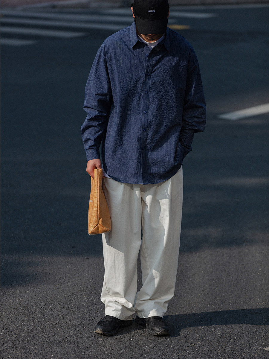 Cotton Pinstripe Shirt – Washed Navy & Relaxed Fit | Yamalinclothes