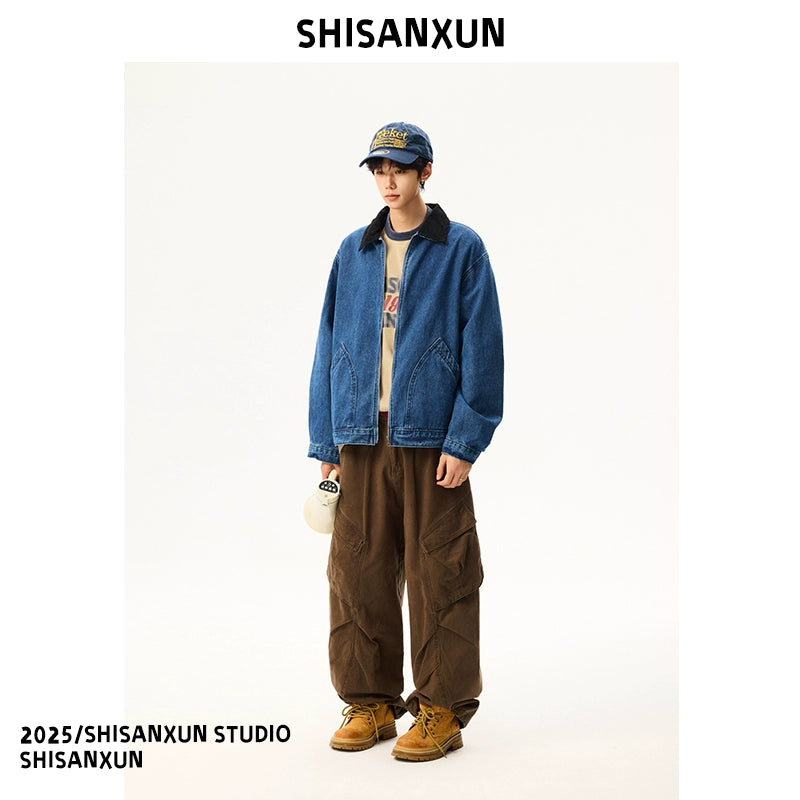 Vintage Washed Distressed Blue Short Lapel Jacket – Workwear Style (Unisex)