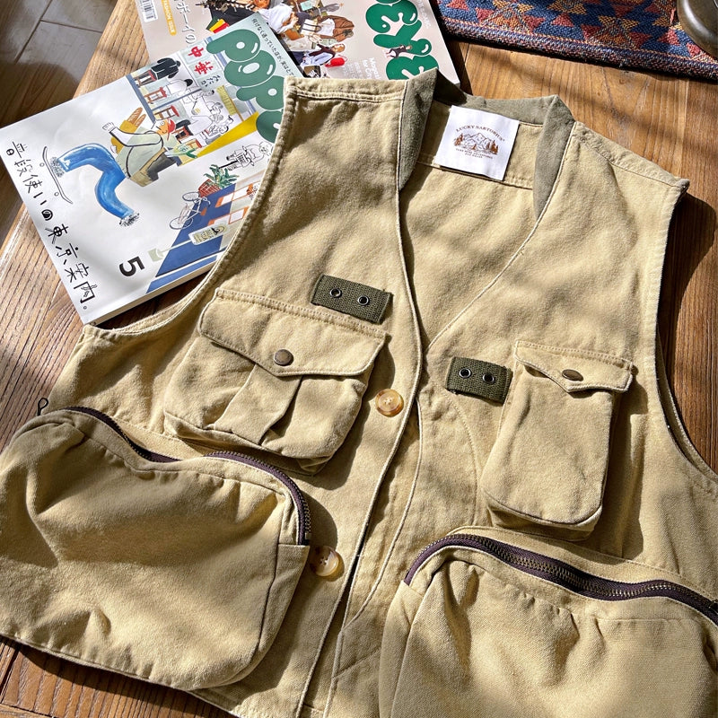 Japanese vintage outdoor hunting outfit multi-pocket cargo vest heavy wash texture young men's coat vest