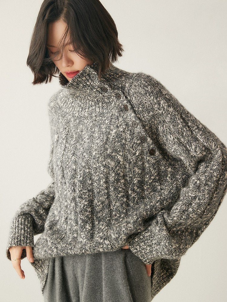 Heavy-duty lazy cashmere sweater, diagonal buttoned floral tulle, thickened twisted high-neck sweater, Korean autumn/winter new women's knitwear | Yamalinclothes