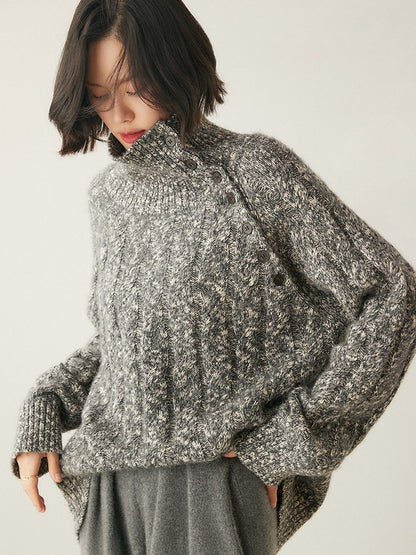 Heavy-duty lazy cashmere sweater, diagonal buttoned floral tulle, thickened twisted high-neck sweater, Korean autumn/winter new women's knitwear | Yamalinclothes