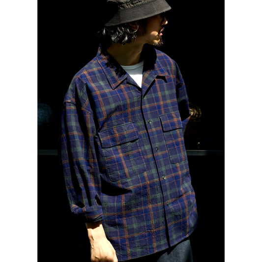 SS25 Open Collar Shirt - Yamalin Vintage Washed Strong Twist Cotton Dry Wrinkled Check Shirt