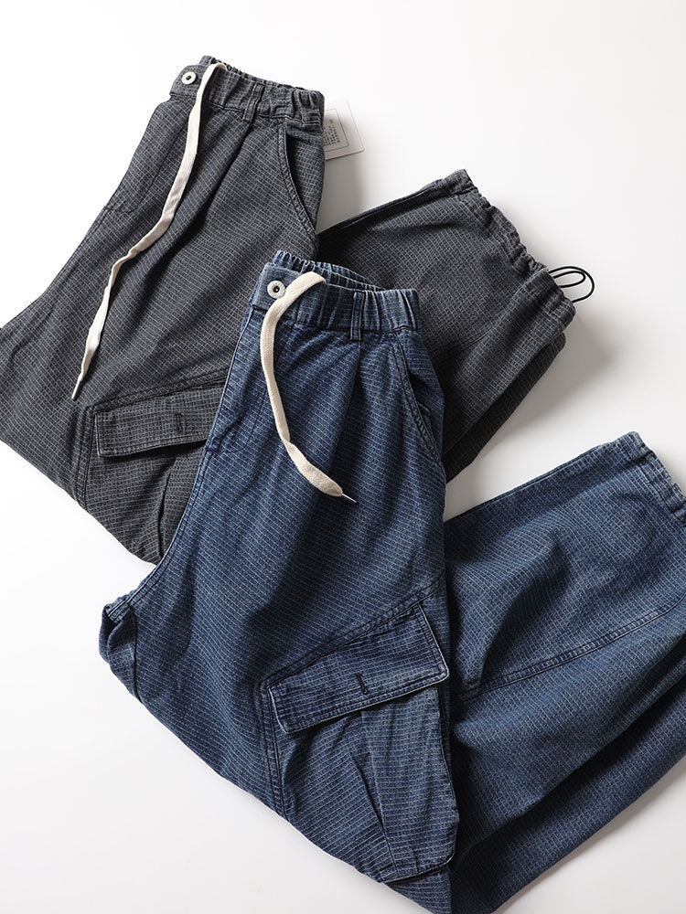 Japanese single click, heavyweight, literary fan, small checkered, loose wide-leg jeans, men's function, retro denim trousers, tide pants