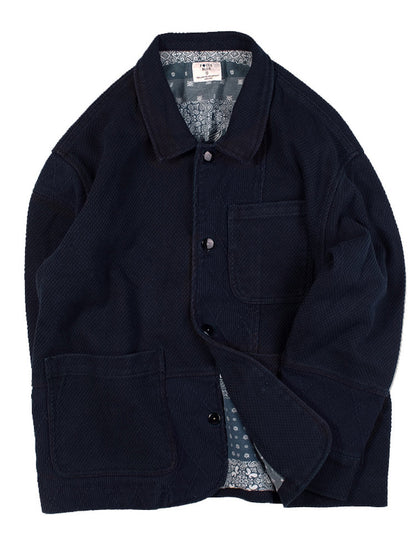 Blue Dye Patchwork Cashew Flower French Workwear Jacket – Loose Short Tooling Coat Men – Japanese vintage | yamalin clothes | Yamalinclothes