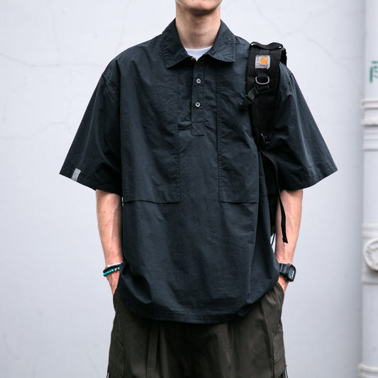 Japanese trendy brand washed cargo shirt men's summer new loose cotton versatile lapel shirt with collar T-shirt tide