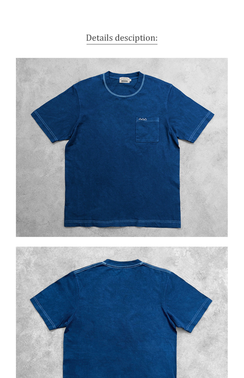 Plant indigo dyeing triangular sashiko embroidery pocket indigo short-sleeved solid color round neck T-shirt indigo men