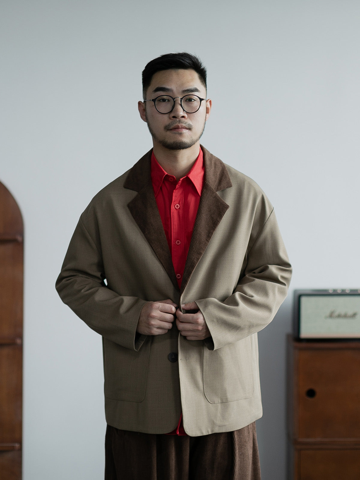 Spring and Autumn New corduroy collar casual suit for men loose profile high-class suit color matching outer