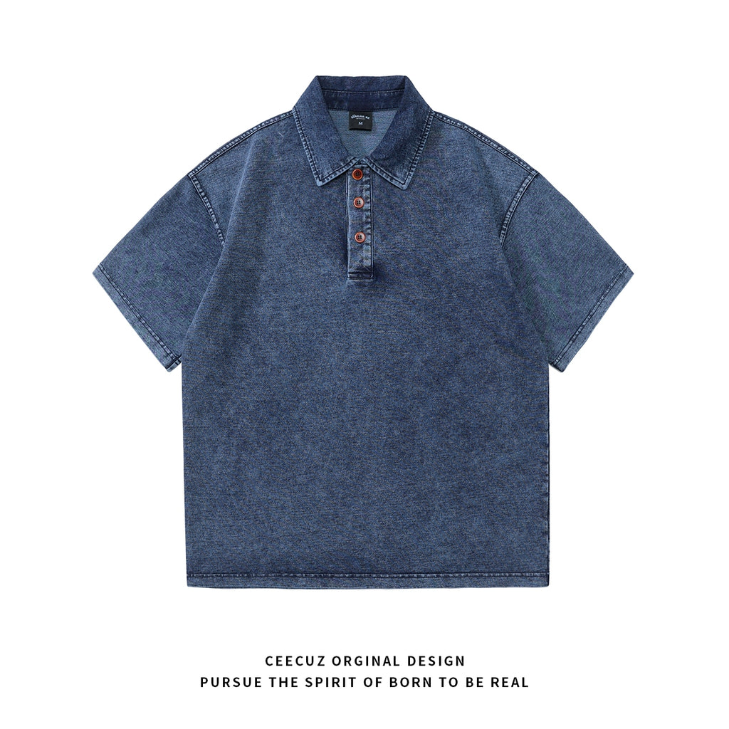 drape 250g terry knit polo shirt summer thin American lapel denim short sleeve T-shirt men