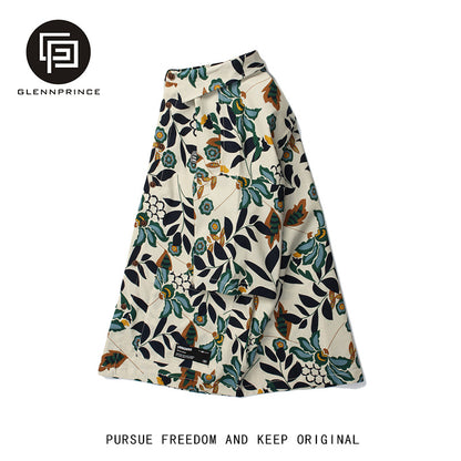 Summer retro fashion brand floral short sleeve shirt men's Hawaiian cotton linen beach linen couple floral shirt Hong Kong style