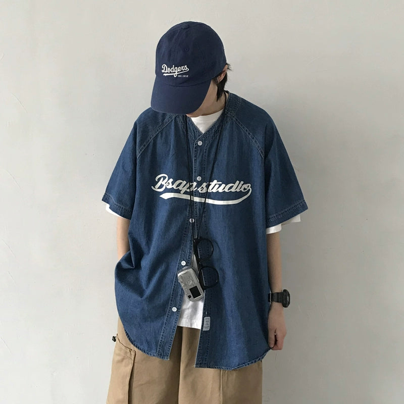 Japanese retro Ami khaki vintage letter printing baseball shirt men's loose denim tooling short-sleeved shirt