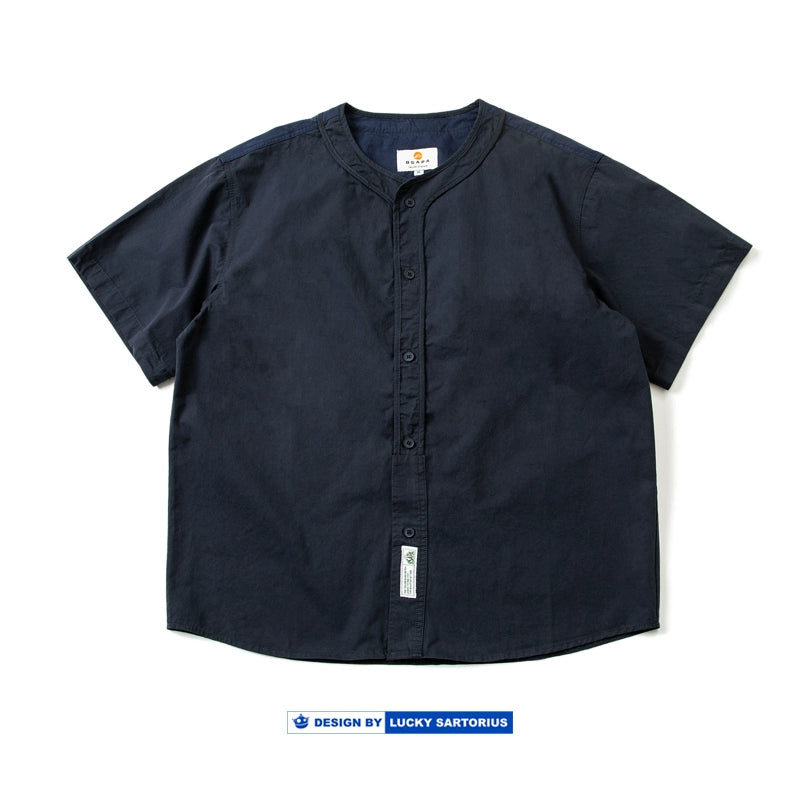 Japanese cityboy style loose version collarless short-sleeved shirt summer youth casual color matching shirt jacket men