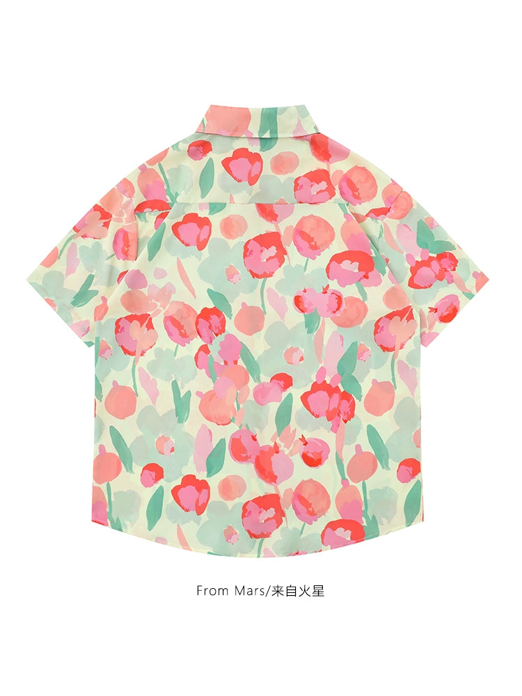 Vintage Hong Kong style printed short-sleeved shirt loose bf casual flower shirt for men and women