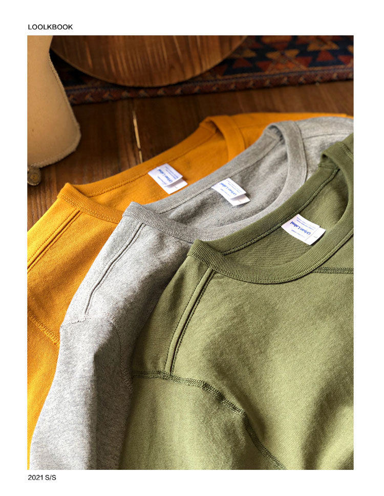 245g Khaki Thick Heavy Retro American Cotton Rugged Cotton Seamless Tube Weaving American Roll Collar Long Sleeve T-Shirt Men