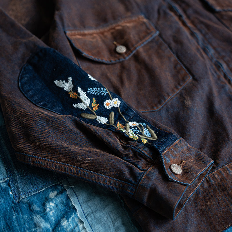 Japanese retro washed old multi-pocket tooling embroidery water drop patch sleeve jacket