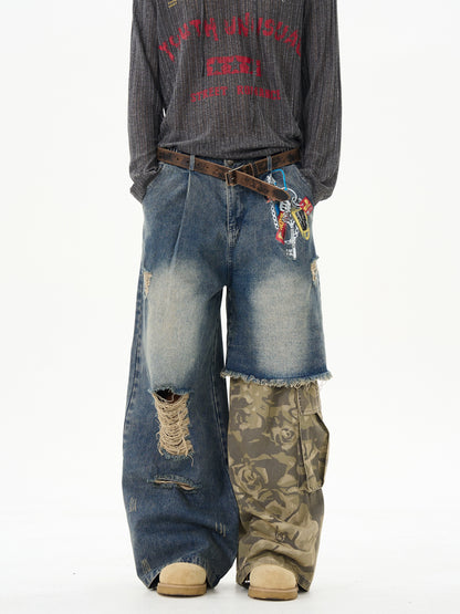 American retro print splicing camouflage jeans for men, handsome high-class street pants