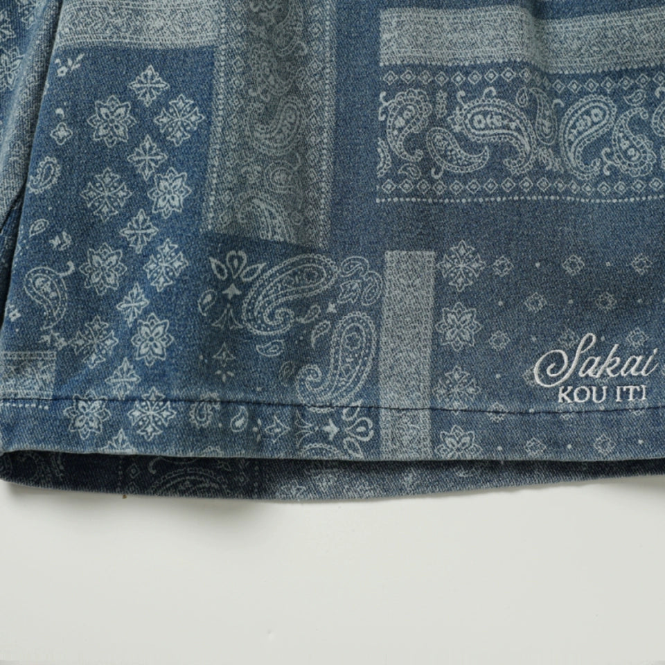 Vintage distressed cashew flower pattern casual shorts for men and women Japanese drawstring versatile beach men's pants