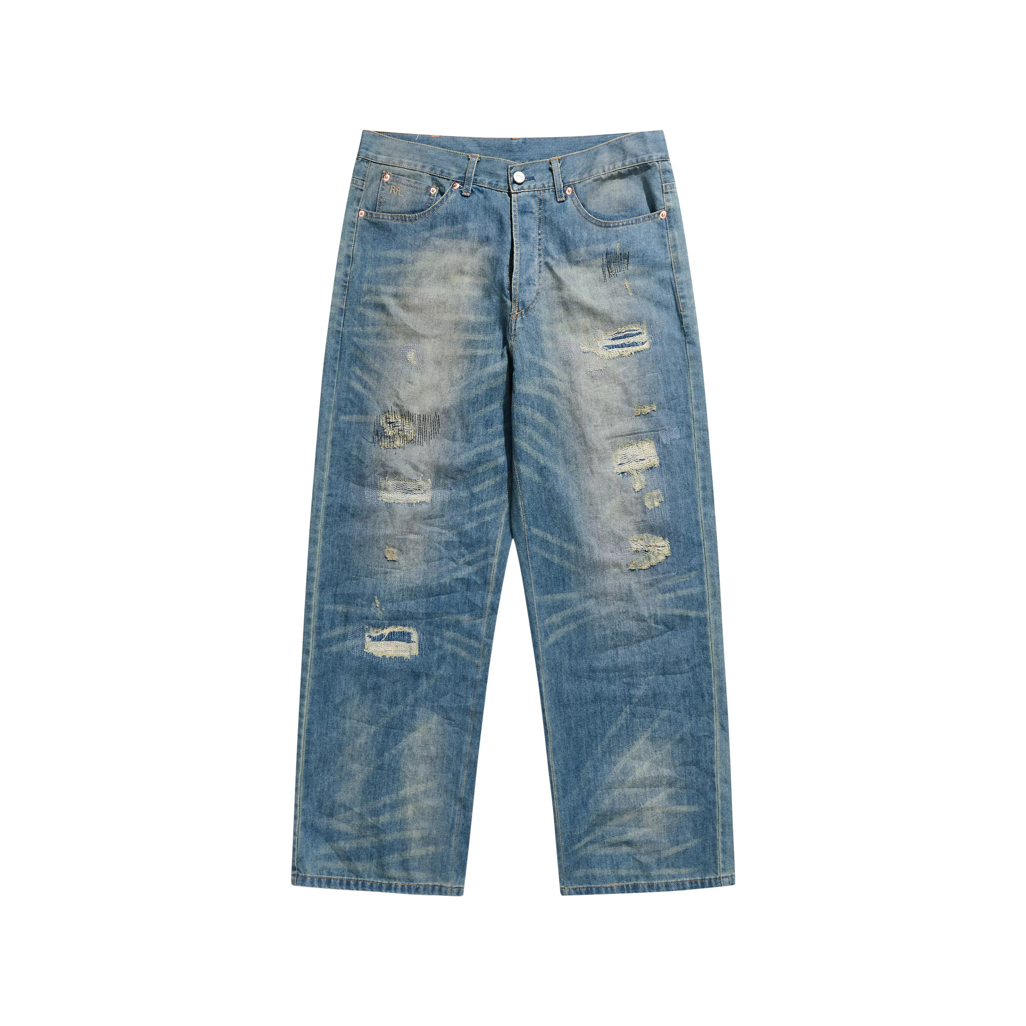 Japanese casual tannins washing multi-pocket old retro destruction straight jeans pants