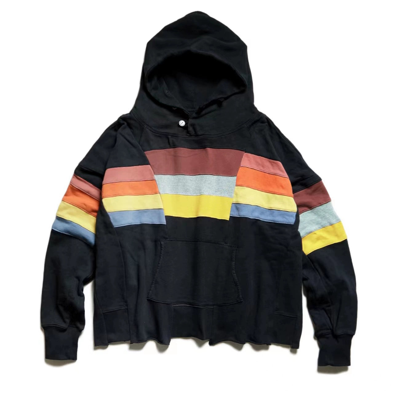 22AW Washed Cotton Ripped Striped Hooded Loose Sweatshirt