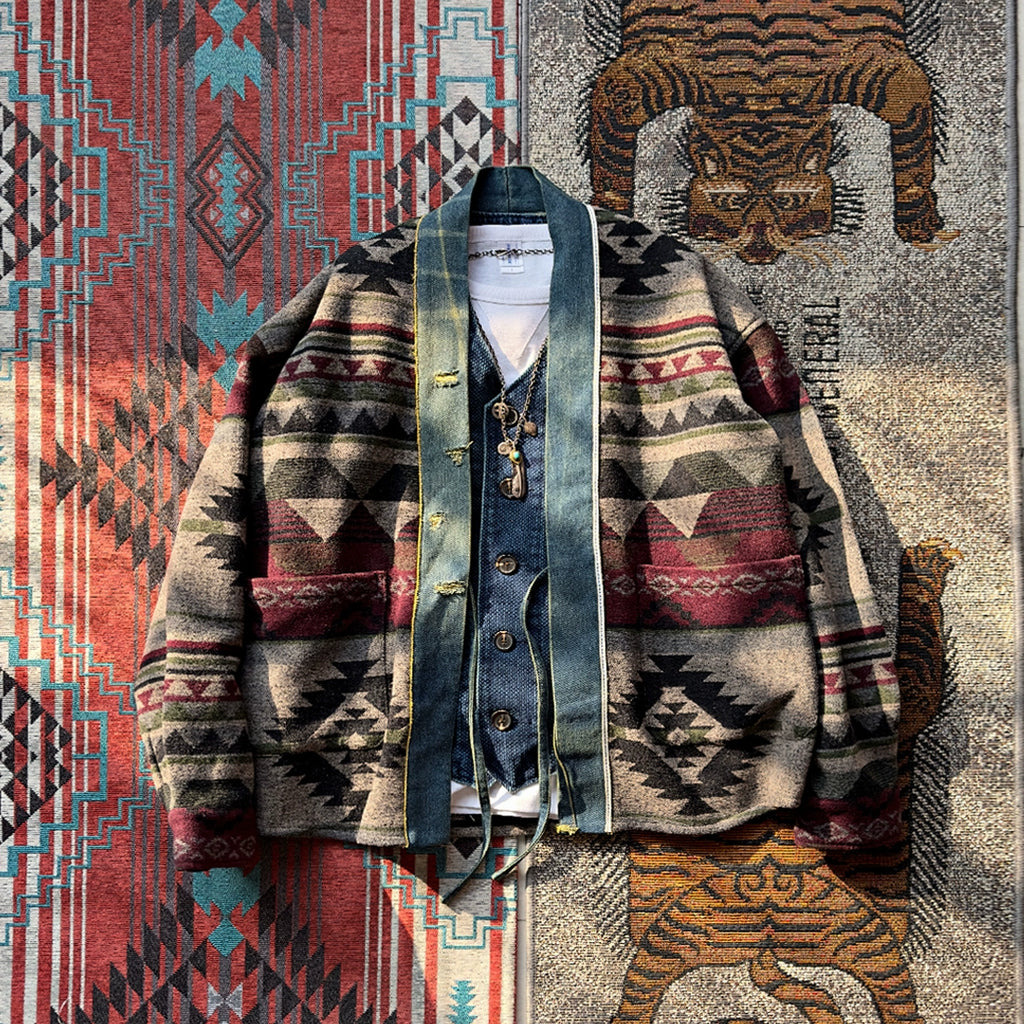 Japanese retro denim patchwork woolen ethnic style loose Taoist jacket for men