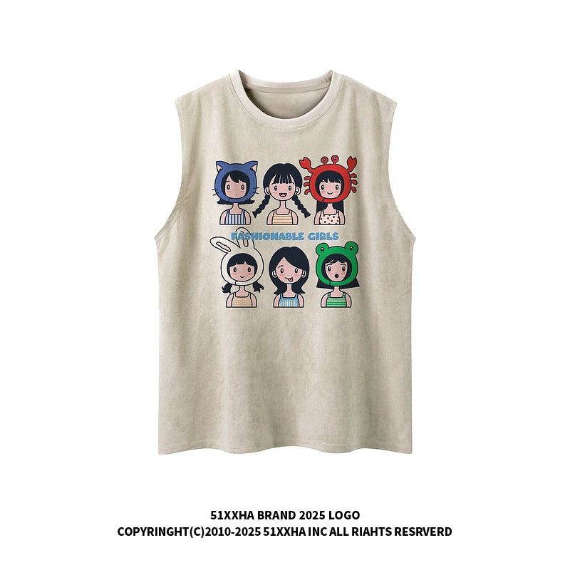 Vintage little girl print vest for men and women summer oversize couple sleeveless T-shirt