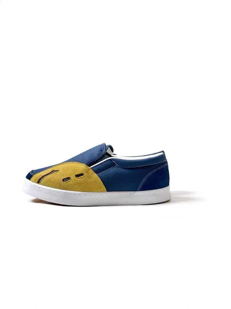 leather smiley patch stitching canvas flat one-legged loafers