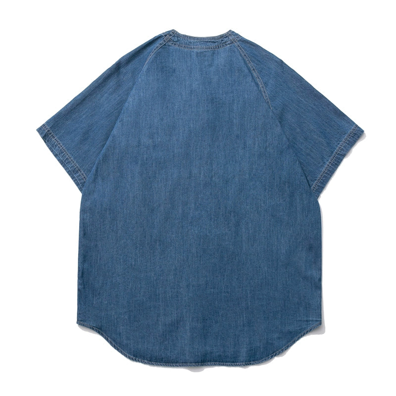 Japanese retro Ami khaki vintage letter printing baseball shirt men's loose denim tooling short-sleeved shirt