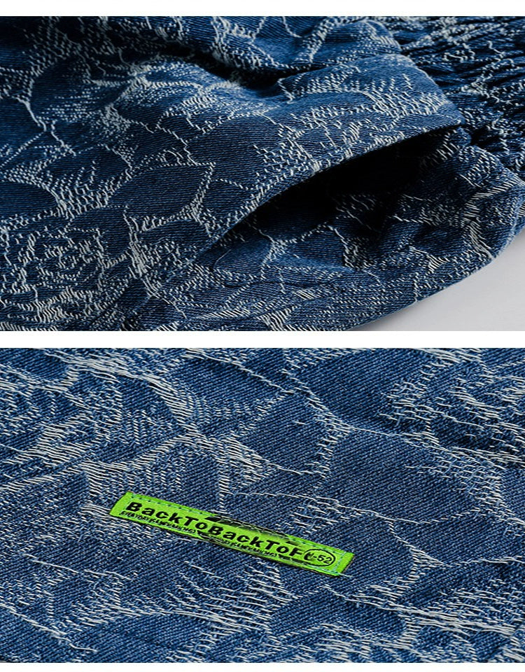 retro rose jacquard texture casual denim shorts men ins street hip-hop straight