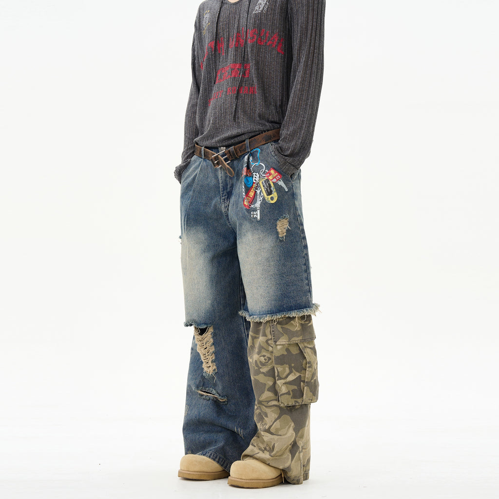 American retro print splicing camouflage jeans for men, handsome high-class street pants