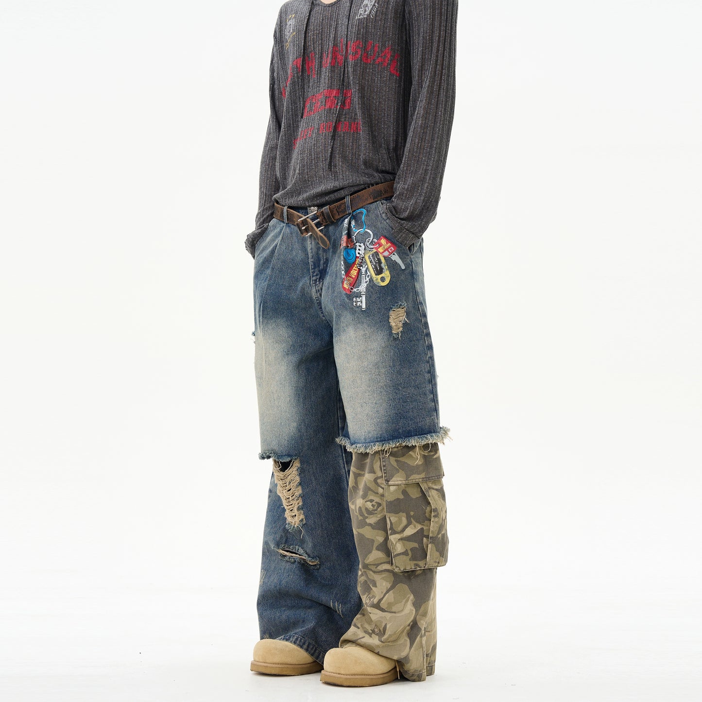 American retro print splicing camouflage jeans for men, handsome high-class street pants