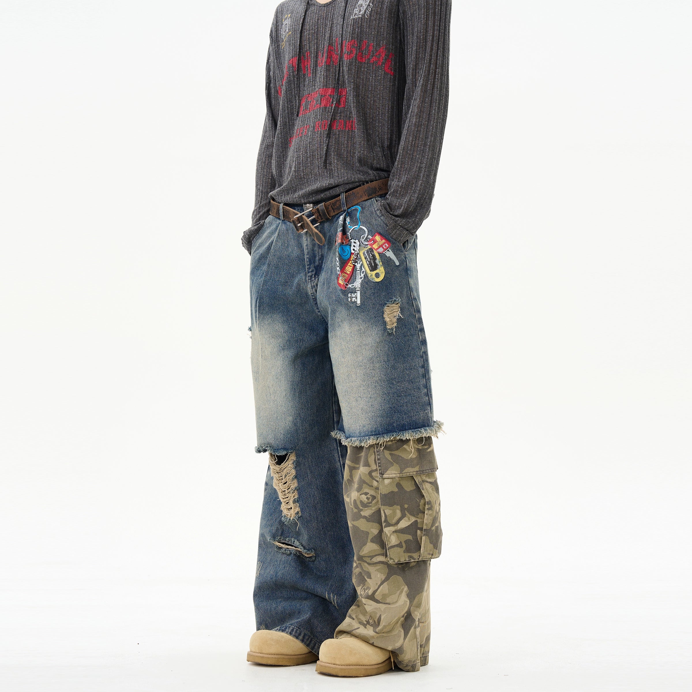 American retro print splicing camouflage jeans for men, handsome high-class street pants