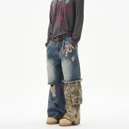 American retro print splicing camouflage jeans for men, handsome high-class street pants